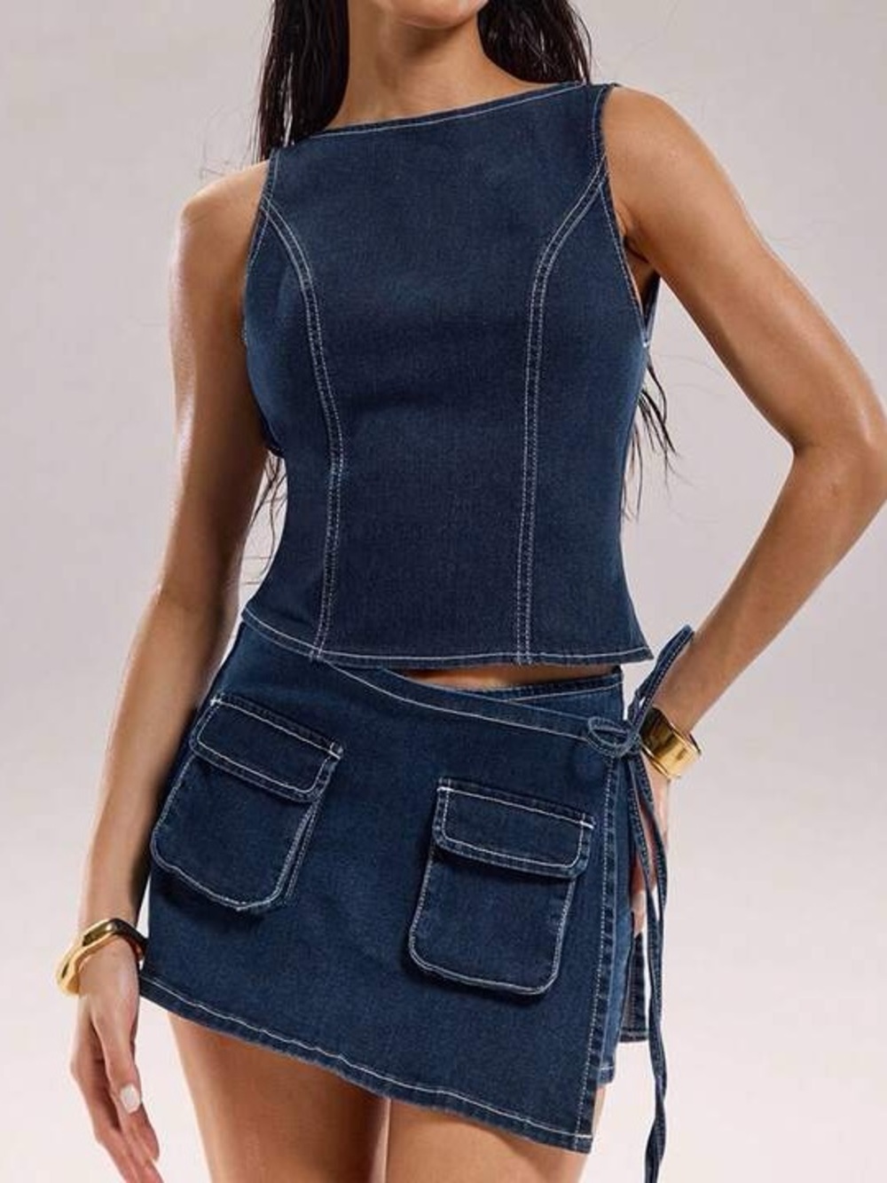 SHEIN Dark Blue Denim Two-Piece Crop Tank & Mini Skirt Set